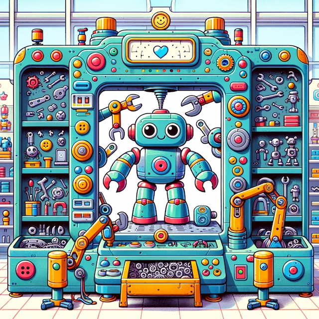 An assembly machine building a robot.