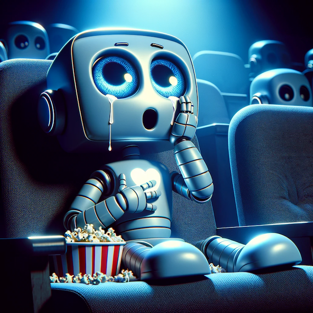 A robot crying while watching a movie.