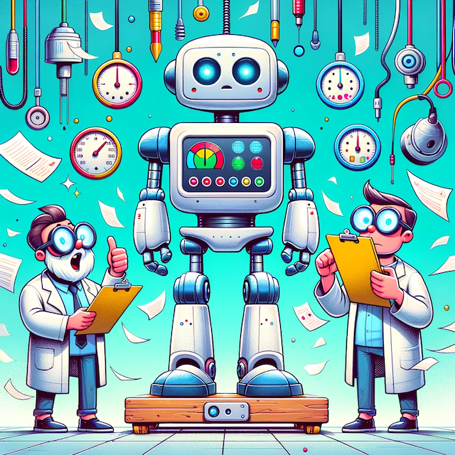 A robot being evaluated by two scientists.