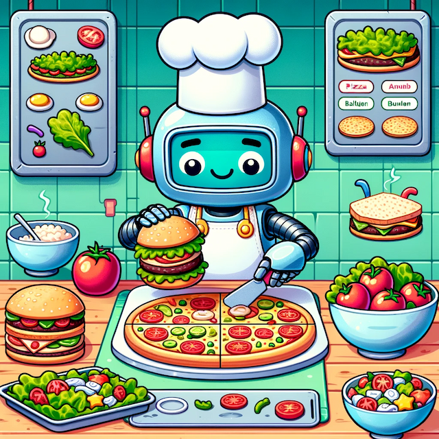 A robot dealing with several different dishes, pizzas, hamburgers, salads.