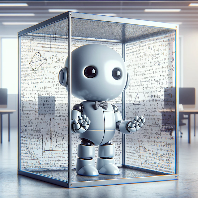 A robot inside a glass cage.