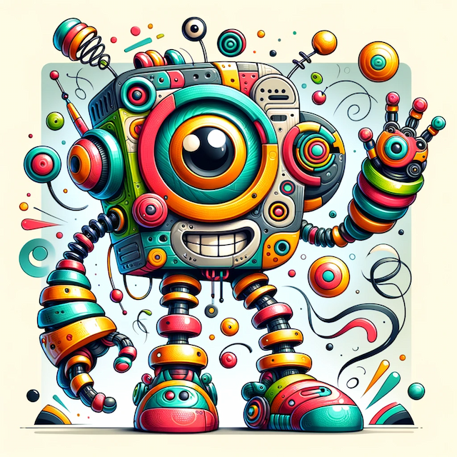 A quirky robot with several colors and personality traits.