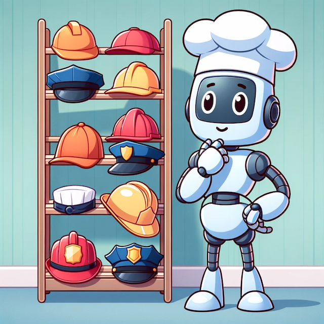 An image of a cheerful robot contemplating which professional hat to choose.