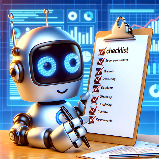 A friendly-looking robot standing at a desk, looking over a large checklist.